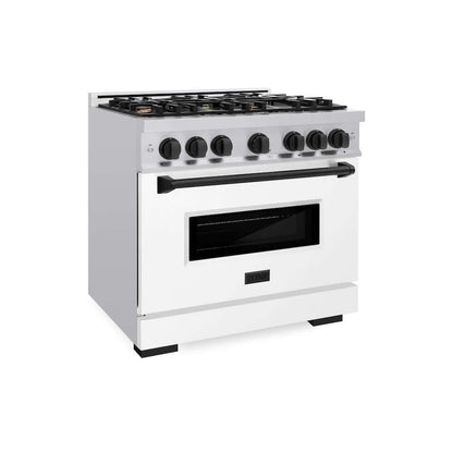 ZLINE Autograph Edition 36 in. 5.2 cu. ft. Classic Gas Range with 6 Burner Cooktop and Convection Gas Oven in Stainless Steel with White Matte Door and Matte Black Accents, Open Box-Good Condition