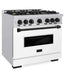 ZLINE Autograph Edition 36 in. 5.2 cu. ft. Classic Gas Range with 6 Burner Cooktop and Convection Gas Oven in Stainless Steel with White Matte Door and Matte Black Accents (CGRZ-WM-36-MB) side, oven closed.
