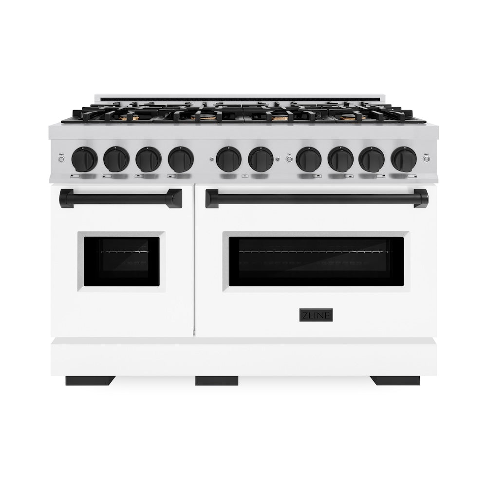 ZLINE Autograph Edition 48 in. 6.7 cu. ft. Classic Double Oven Gas Range with 8 Burner Cooktop in Stainless Steel with White Matte Doors and Matte Black Accents, Open Box-Great Condition