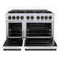 ZLINE Autograph Edition 48 in. 6.7 cu. ft. Classic Double Oven Gas Range with 8 Burner Cooktop in Stainless Steel with White Matte Doors and Matte Black Accents (CGRZ-WM-48-MB) front, oven open.