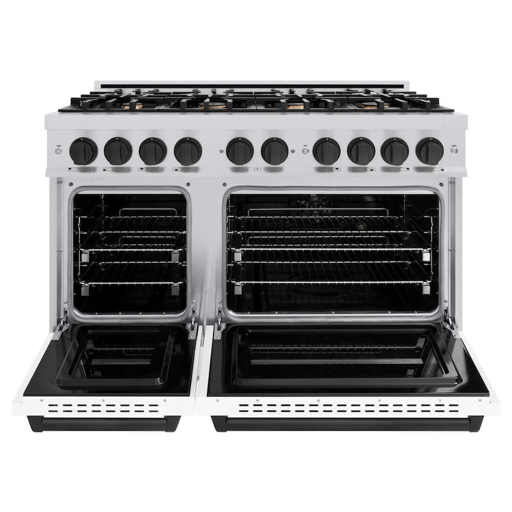 ZLINE Autograph Edition 48 in. 6.7 cu. ft. Classic Double Oven Gas Range with 8 Burner Cooktop in Stainless Steel with White Matte Doors and Matte Black Accents (CGRZ-WM-48-MB) front, oven open.