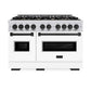 ZLINE Autograph Edition 48 in. 6.7 cu. ft. Classic Double Oven Gas Range with 8 Burner Cooktop in Stainless Steel with White Matte Doors and Matte Black Accents (CGRZ-WM-48-MB) front, oven closed.