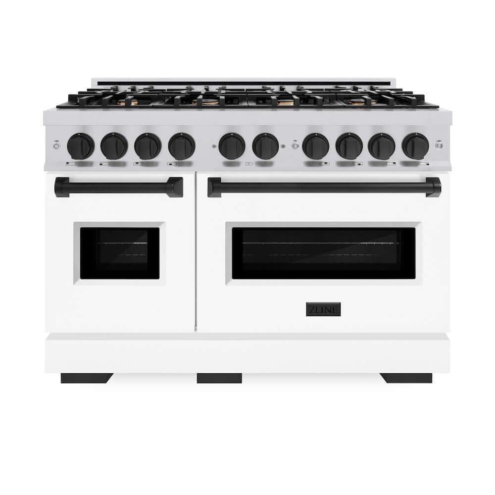 ZLINE Autograph Edition 48 in. 6.7 cu. ft. Classic Double Oven Gas Range with 8 Burner Cooktop in Stainless Steel with White Matte Doors and Matte Black Accents (CGRZ-WM-48-MB) front, oven closed.