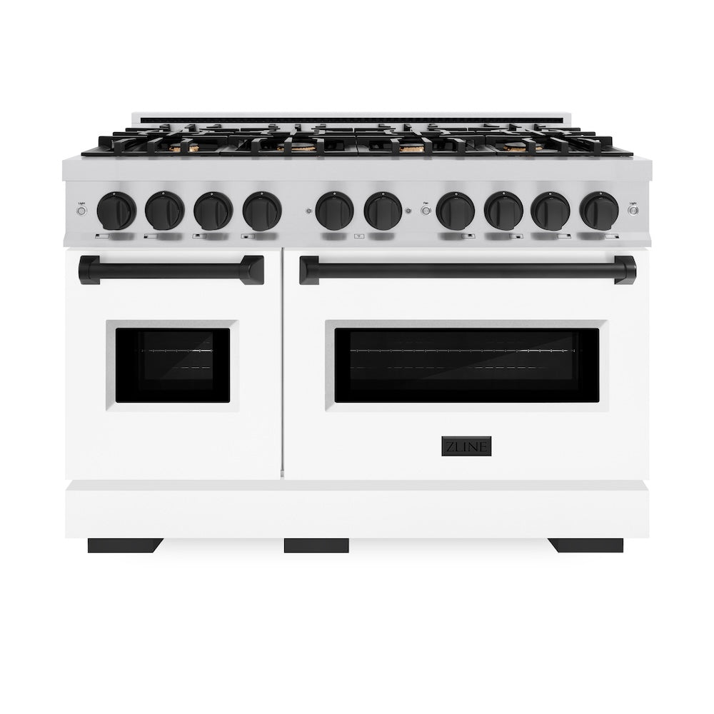 ZLINE Autograph Edition 48 in. 6.7 cu. ft. Classic Double Oven Gas Range with 8 Burner Cooktop in Stainless Steel with White Matte Doors and Matte Black Accents, Open Box-Great Condition