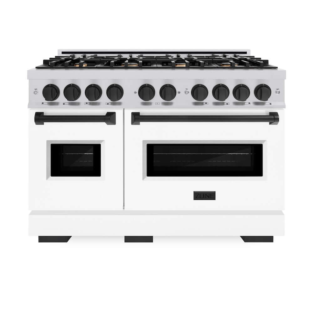 ZLINE Autograph Edition 48 in. 6.7 cu. ft. Classic Double Oven Gas Range with 8 Burner Cooktop in Stainless Steel with White Matte Doors and Matte Black Accents, Open Box-Good Condition