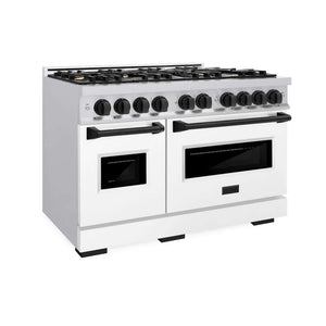 ZLINE Autograph Edition 48 in. 6.7 cu. ft. Classic Double Oven Gas Range with 8 Burner Cooktop in Stainless Steel with White Matte Doors and Matte Black Accents (CGRZ-WM-48-MB) main image.
