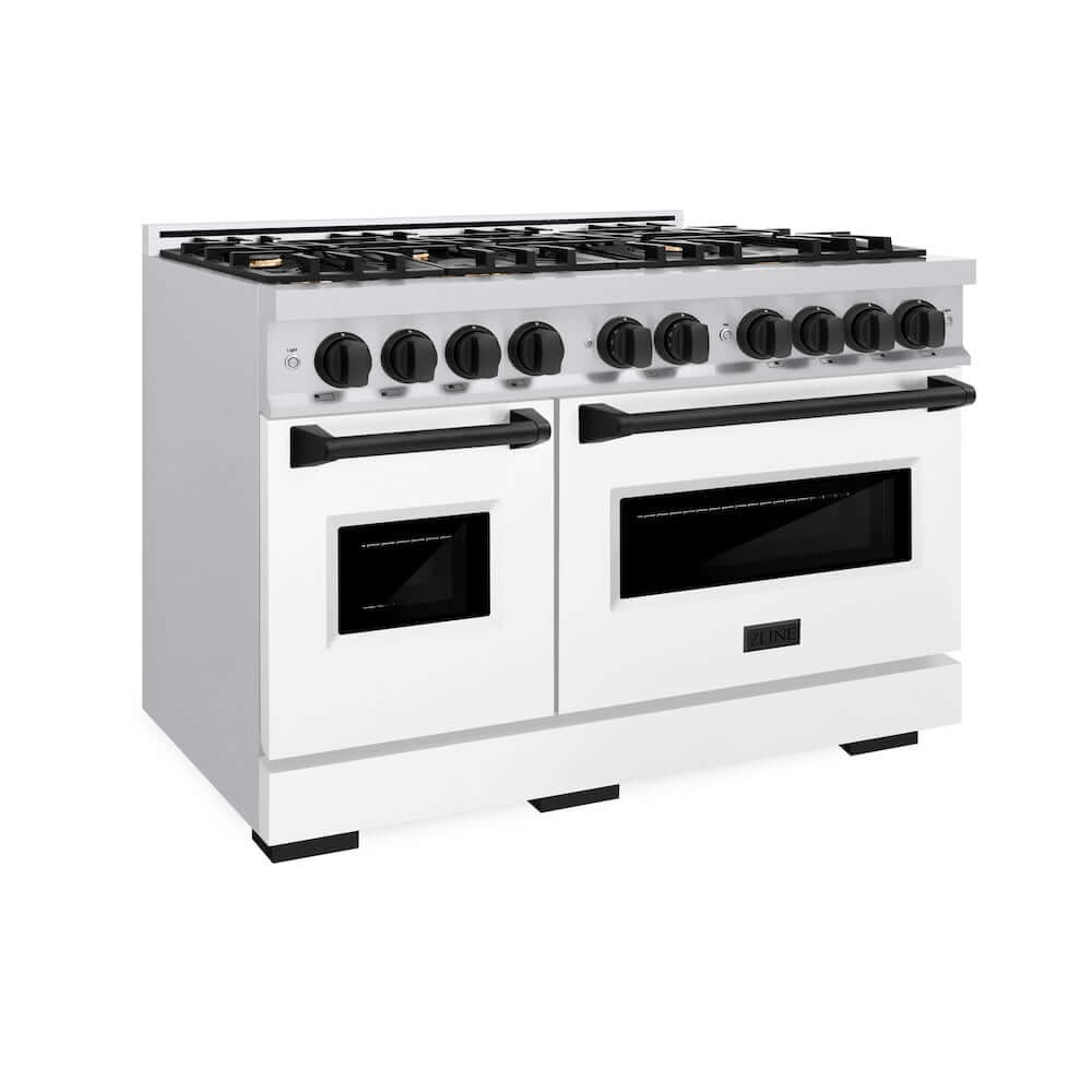ZLINE Autograph Edition 48 in. 6.7 cu. ft. Classic Double Oven Gas Range with 8 Burner Cooktop in Stainless Steel with White Matte Doors and Matte Black Accents, Open Box-Good Condition
