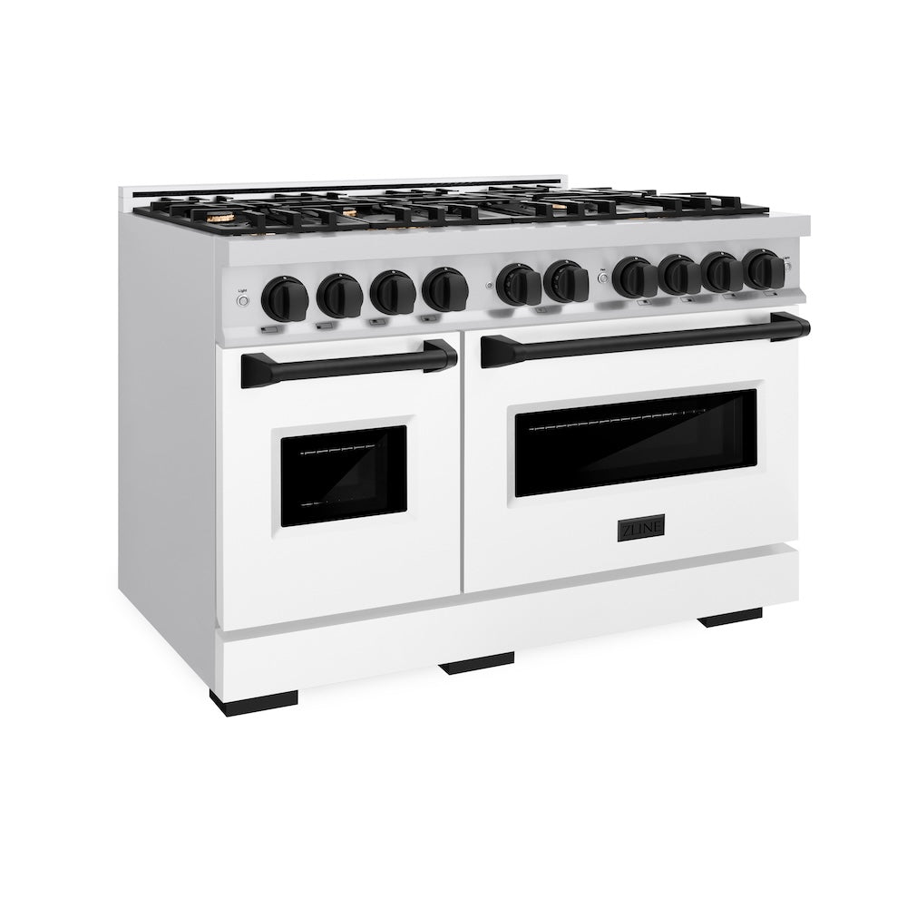 ZLINE Autograph Edition 48 in. 6.7 cu. ft. Classic Double Oven Gas Range with 8 Burner Cooktop in Stainless Steel with White Matte Doors and Matte Black Accents, Open Box-Great Condition