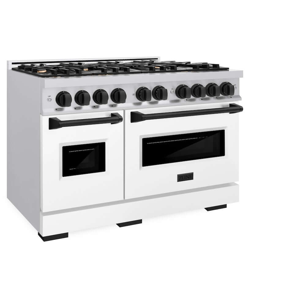 ZLINE Autograph Edition 48 in. 6.7 cu. ft. Classic Double Oven Gas Range with 8 Burner Cooktop in Stainless Steel with White Matte Doors and Matte Black Accents (CGRZ-WM-48-MB) side, oven closed.