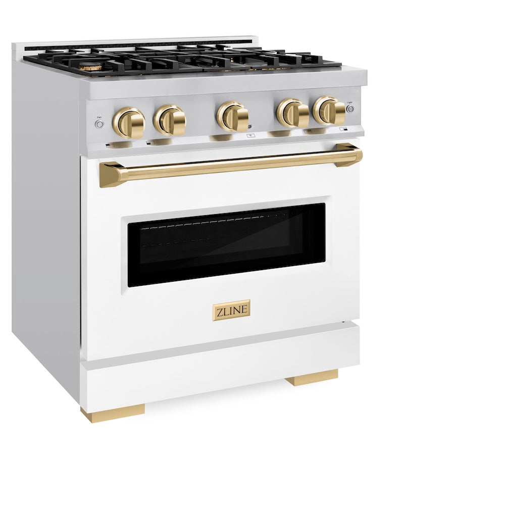 ZLINE Autograph Edition 30 in. 4.2 cu. ft. Classic Gas Range with 4 Burner Cooktop and Convection Gas Oven in DuraSnow® Stainless Steel with White Matte Door and Polished Gold Accents (CGRSZ-WM-30-G)