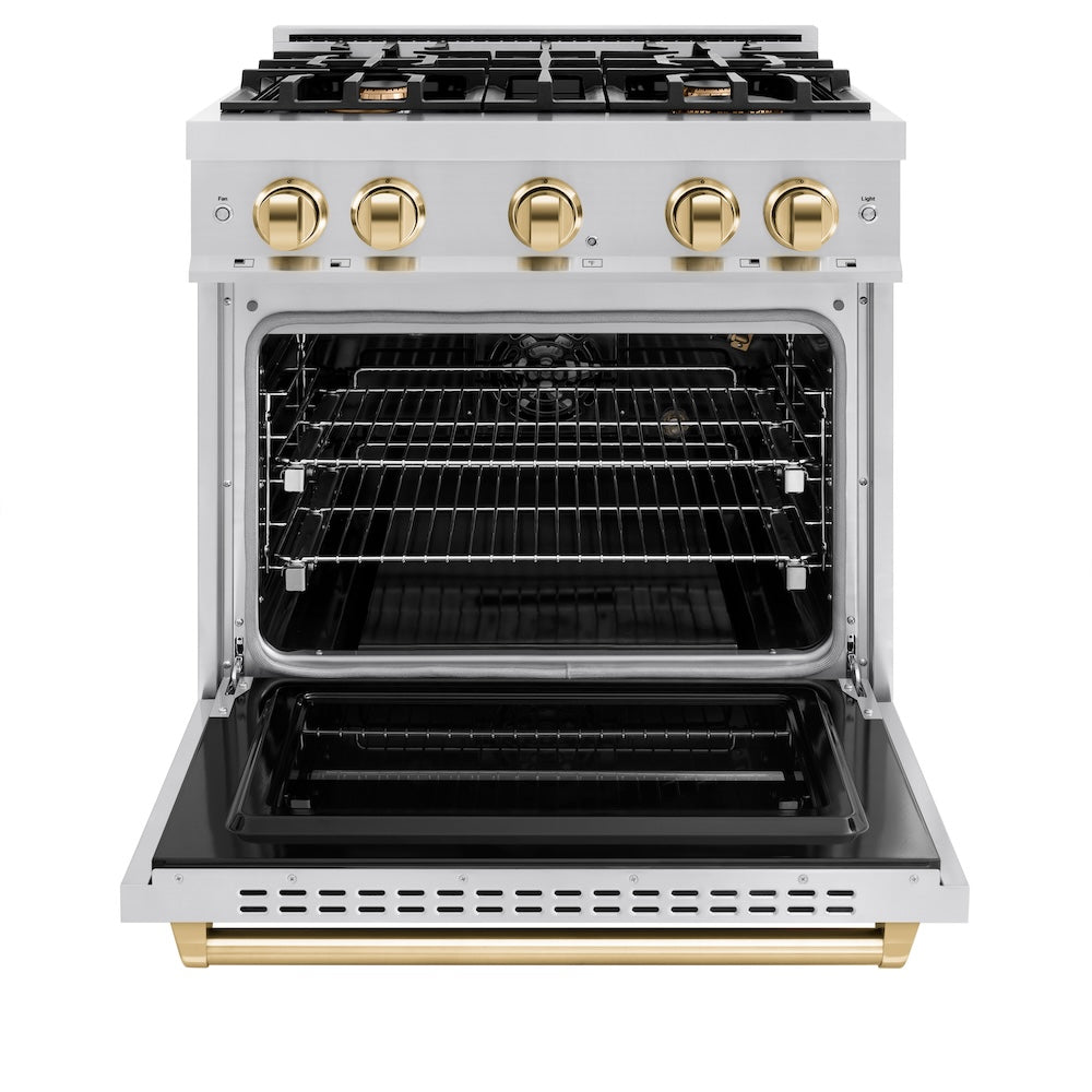 ZLINE Autograph Edition 30 in. 4.2 cu. ft. Classic Gas Range with 4 Burner Cooktop and Convection Gas Oven in Stainless Steel and Polished Gold Accents (CGRZ-30-G)