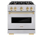 ZLINE Autograph Edition 30 in. 4.2 cu. ft. Classic Gas Range with 4 Burner Cooktop and Convection Gas Oven in Stainless Steel and Polished Gold Accents (CGRZ-30-G) front, oven closed.