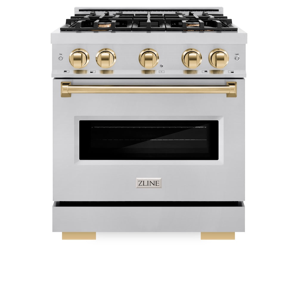 ZLINE Autograph Edition 30 in. 4.2 cu. ft. Classic Gas Range with 4 Burner Cooktop and Convection Gas Oven in Stainless Steel and Polished Gold Accents, Open Box-Great Condition