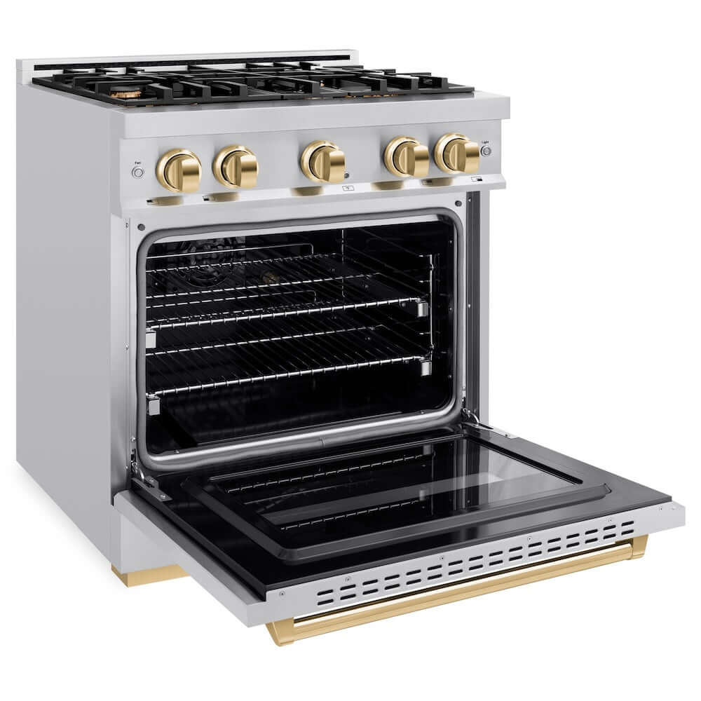 ZLINE Autograph Edition 30 in. 4.2 cu. ft. Classic Gas Range with 4 Burner Cooktop and Convection Gas Oven in Stainless Steel and Polished Gold Accents, Open Box-Good Condition