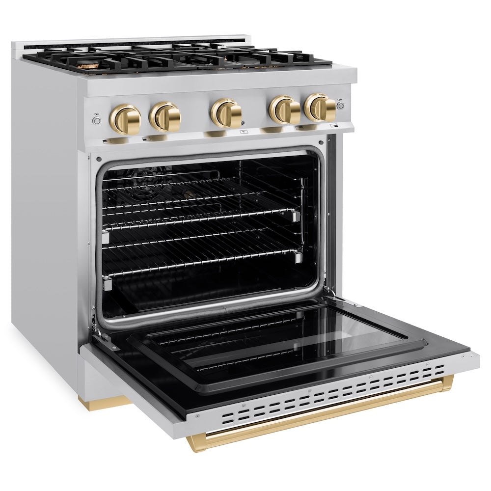 ZLINE Autograph Edition 30 in. 4.2 cu. ft. Classic Gas Range with 4 Burner Cooktop and Convection Gas Oven in Stainless Steel and Polished Gold Accents, Open Box-Great Condition