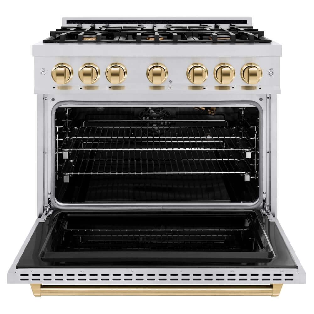 ZLINE Autograph Edition 36 in. 5.2 cu. ft. Classic Gas Range with 6 Burner Cooktop and Convection Gas Oven in Stainless Steel and Polished Gold Accents, Open Box-Good Condition