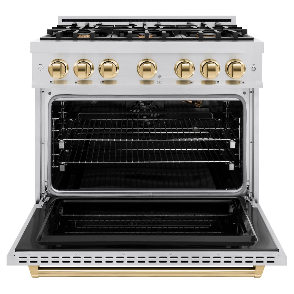 ZLINE Autograph Edition 36 in. 5.2 cu. ft. Classic Gas Range with 6 Burner Cooktop and Convection Gas Oven in Stainless Steel and Polished Gold Accents, Open Box-Great Condition