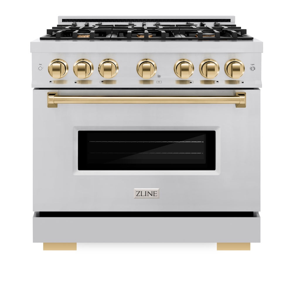 ZLINE Autograph Edition 36 in. 5.2 cu. ft. Classic Gas Range with 6 Burner Cooktop and Convection Gas Oven in Stainless Steel and Polished Gold Accents, Open Box-Great Condition