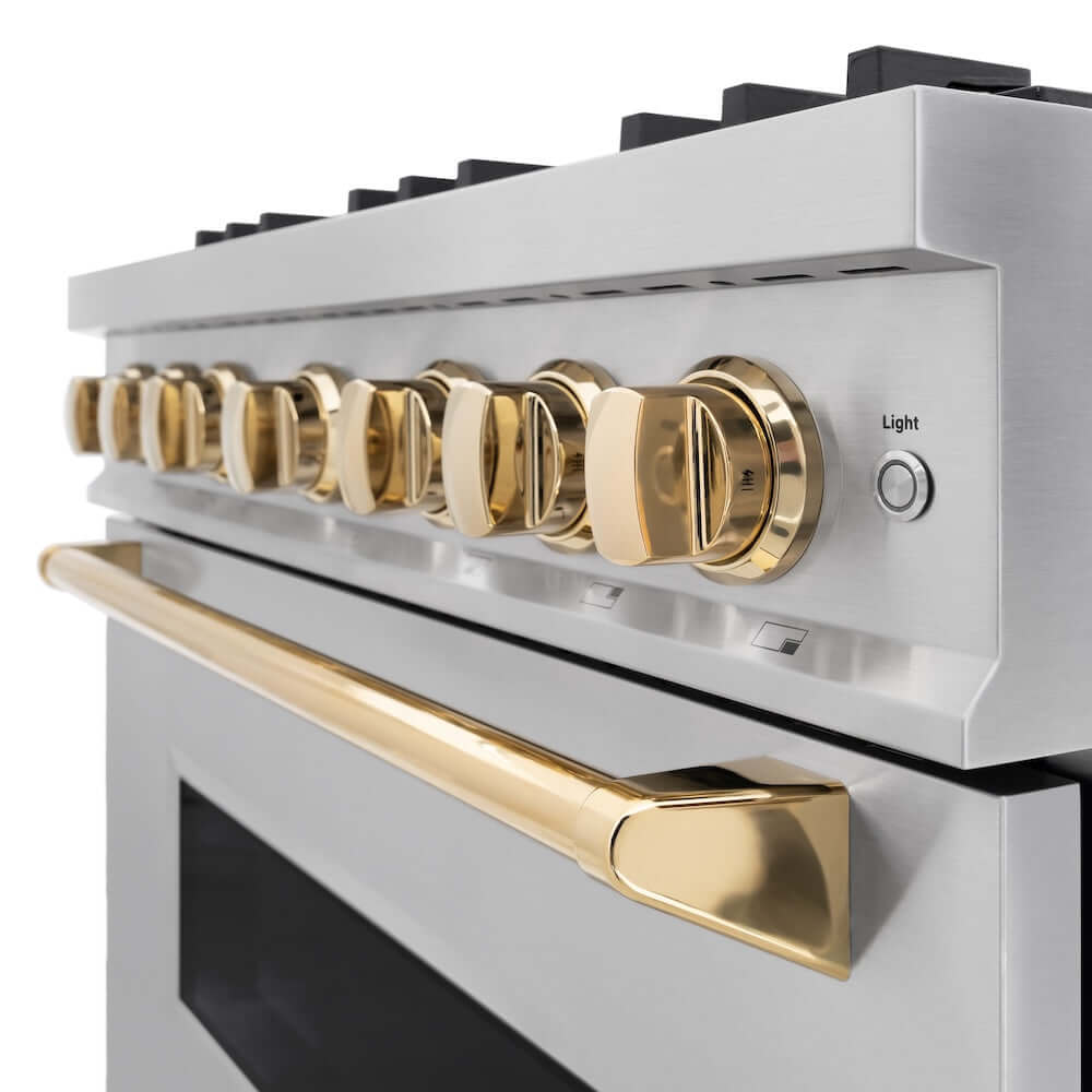 ZLINE Autograph Edition 36 in. 5.2 cu. ft. Classic Gas Range with 6 Burner Cooktop and Convection Gas Oven in Stainless Steel and Polished Gold Accents, Open Box-Good Condition