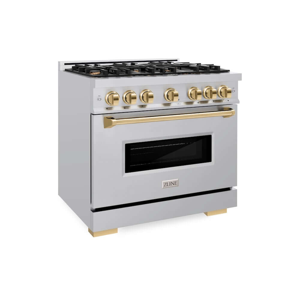 ZLINE Autograph Edition 36 in. 5.2 cu. ft. Classic Gas Range with 6 Burner Cooktop and Convection Gas Oven in Stainless Steel and Polished Gold Accents, Open Box-Good Condition