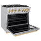 ZLINE Autograph Edition 36 in. 5.2 cu. ft. Classic Gas Range with 6 Burner Cooktop and Convection Gas Oven in Stainless Steel and Polished Gold Accents, Open Box-Great Condition