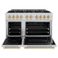 ZLINE Autograph Edition 48 in. 6.7 cu. ft. Classic Double Oven Gas Range with 8 Burner Cooktop in Stainless Steel and Polished Gold Accents (CGRZ-48-G) front, oven open.