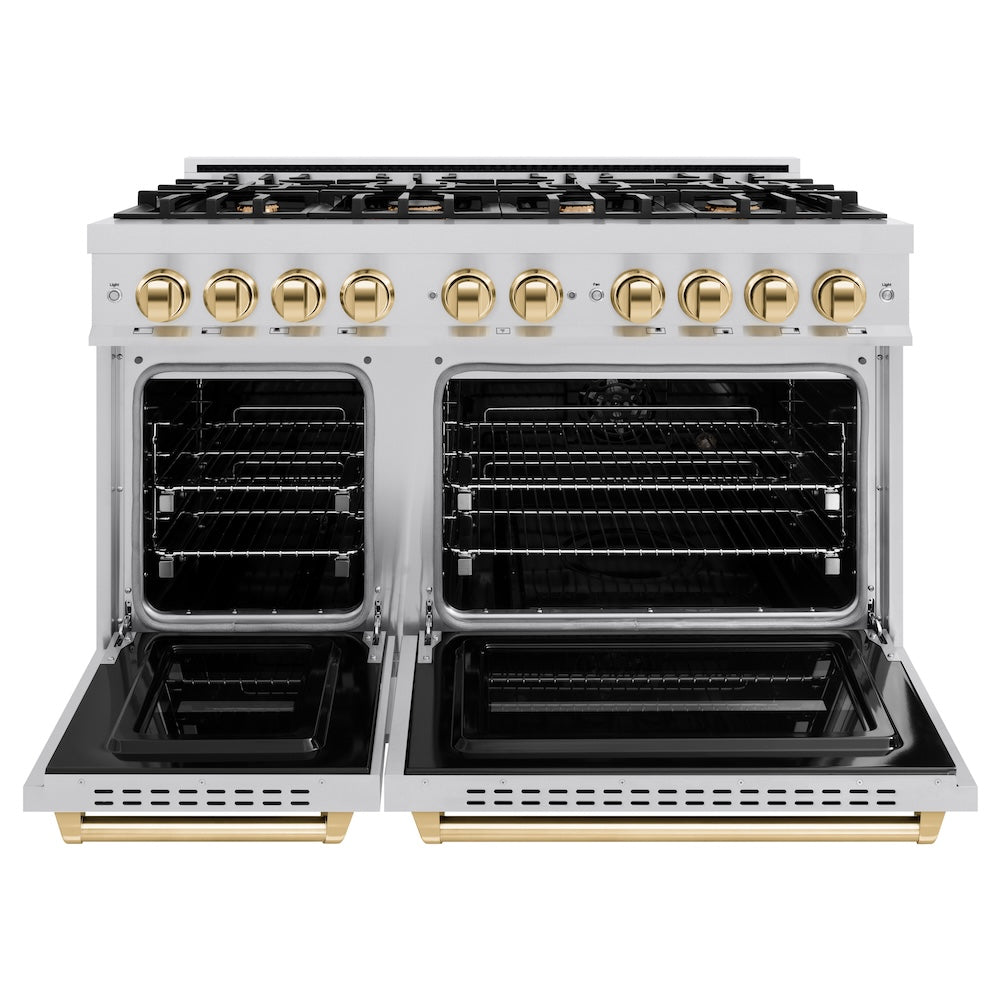 ZLINE Autograph Edition 48 in. 6.7 cu. ft. Classic Double Oven Gas Range with 8 Burner Cooktop in Stainless Steel and Polished Gold Accents, Open Box-Great Condition