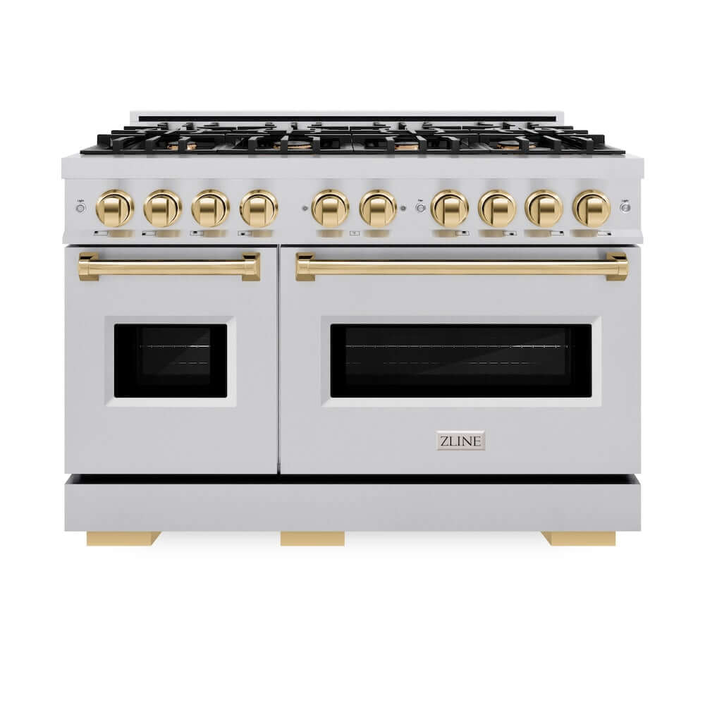 ZLINE Autograph Edition 48 in. 6.7 cu. ft. Classic Double Oven Gas Range with 8 Burner Cooktop in Stainless Steel and Polished Gold Accents (CGRZ-48-G) front, oven closed.