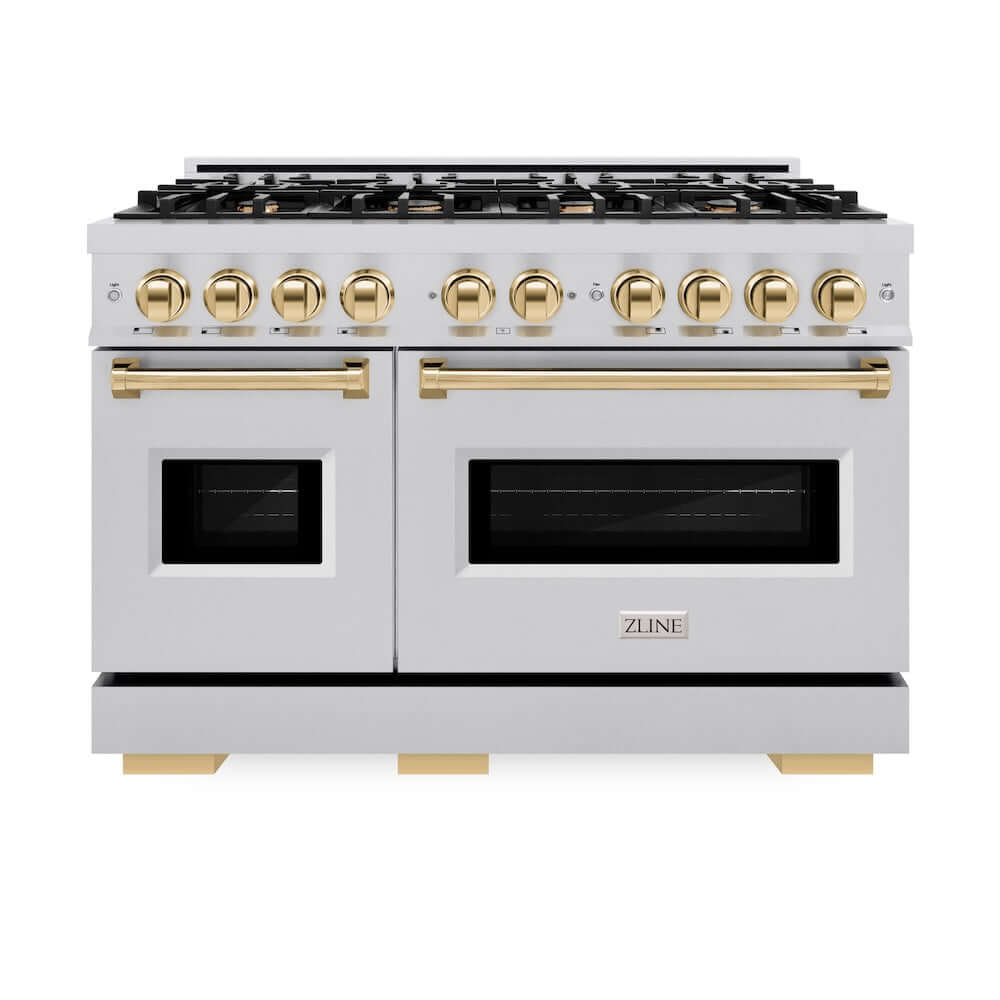 ZLINE Autograph Edition 48 in. 6.7 cu. ft. Classic Double Oven Gas Range with 8 Burner Cooktop in Stainless Steel and Polished Gold Accents, Open Box-Good Condition