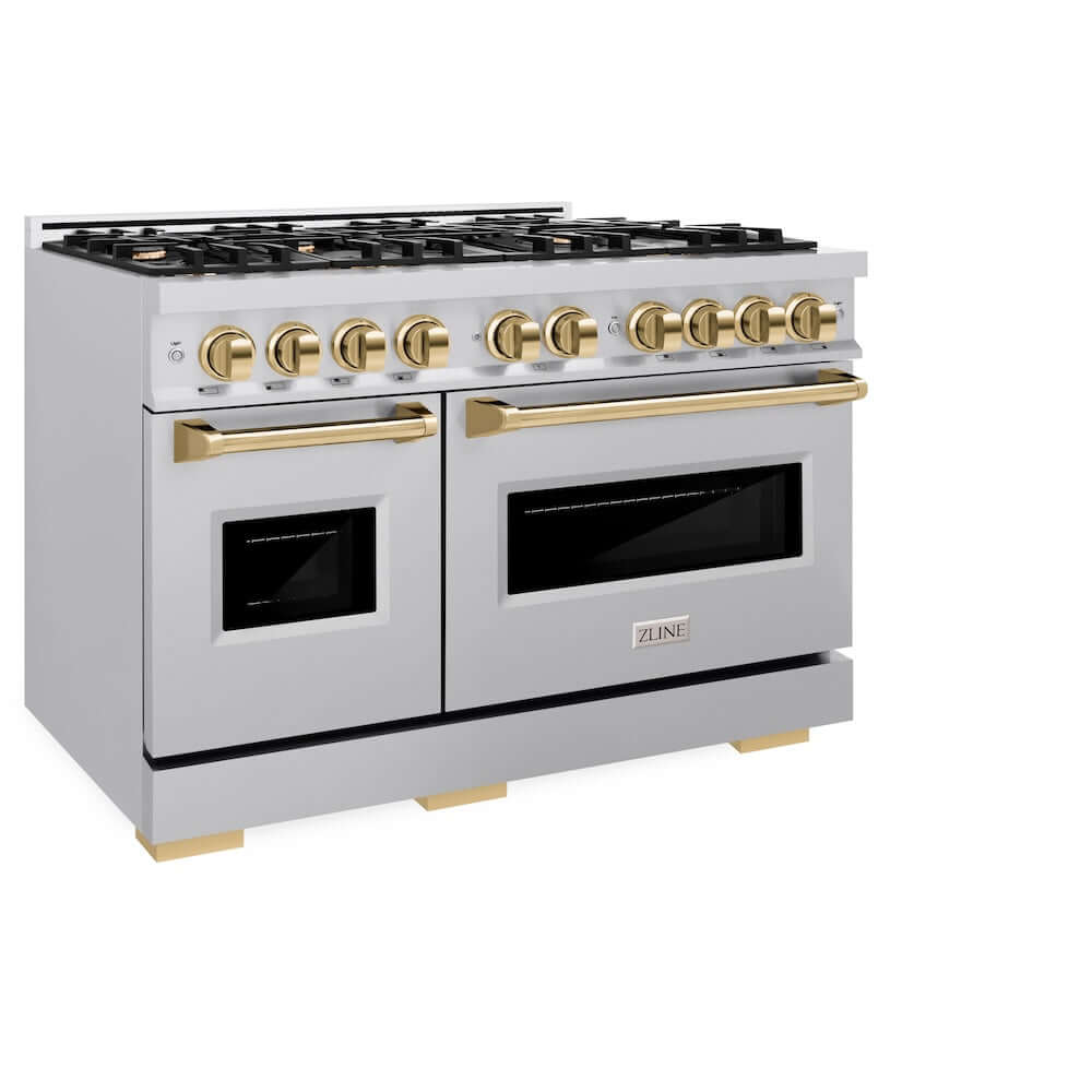 ZLINE Autograph Edition 48 in. 6.7 cu. ft. Classic Double Oven Gas Range with 8 Burner Cooktop in Stainless Steel and Polished Gold Accents (CGRZ-48-G) side, oven closed.