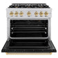 ZLINE Autograph Edition 36 in. 5.2 cu. ft. Classic Gas Range with 6 Burner Cooktop and Convection Gas Oven in Stainless Steel with Black Matte Door and Polished Gold Accents (CGRZ-BLM-36-G)