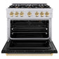 ZLINE Autograph Edition 36 in. 5.2 cu. ft. Classic Gas Range with 6 Burner Cooktop and Convection Gas Oven in Stainless Steel with Black Matte Door and Polished Gold Accents, Open Box-Good Condition