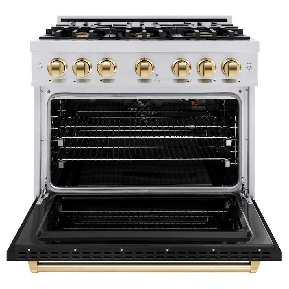 ZLINE Autograph Edition 36 in. 5.2 cu. ft. Classic Gas Range with 6 Burner Cooktop and Convection Gas Oven in Stainless Steel with Black Matte Door and Polished Gold Accents, Open Box-Good Condition