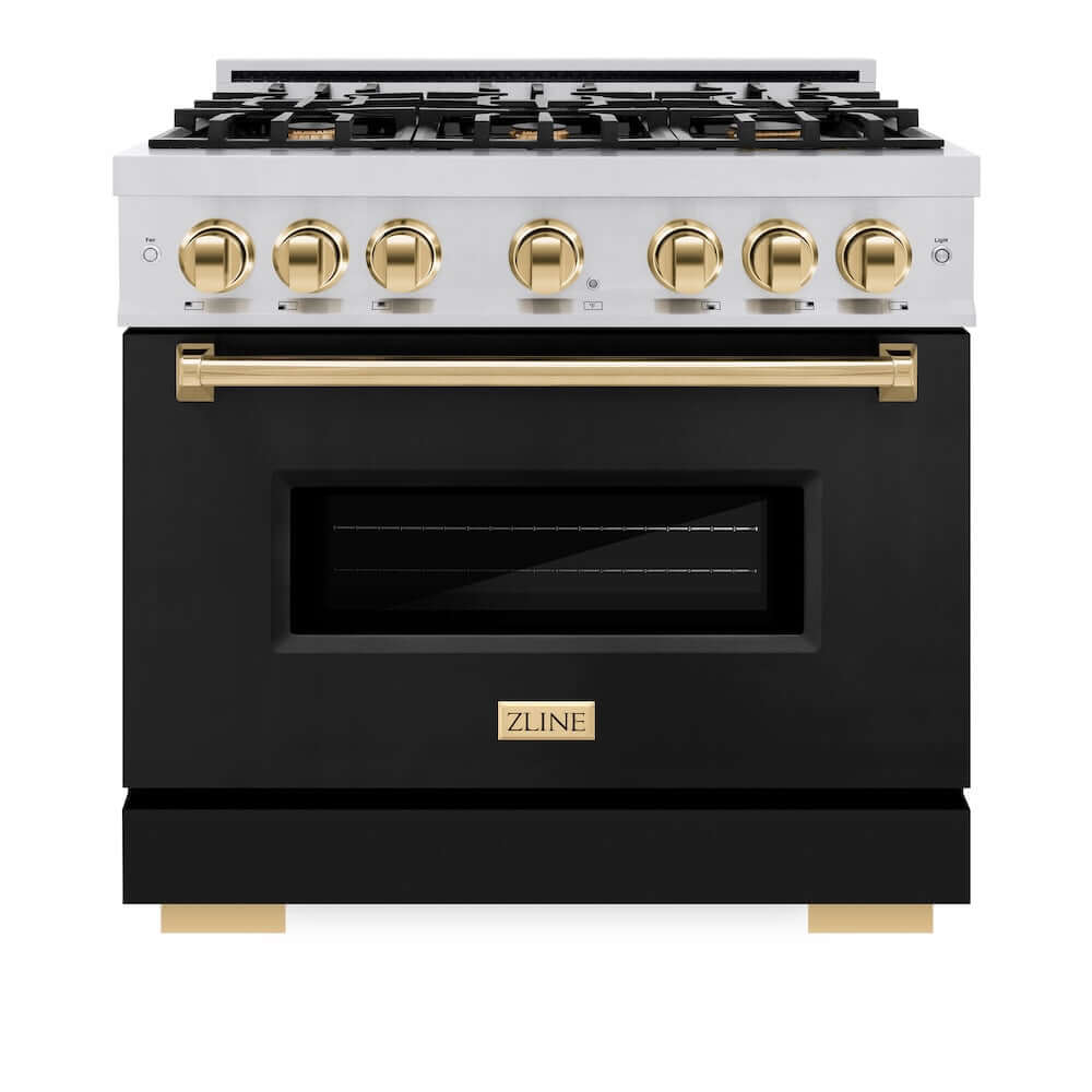ZLINE Autograph Edition 36 in. 5.2 cu. ft. Classic Gas Range with 6 Burner Cooktop and Convection Gas Oven in Stainless Steel with Black Matte Door and Polished Gold Accents, Open Box-Good Condition