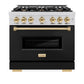 ZLINE Autograph Edition 36 in. 5.2 cu. ft. Classic Gas Range with 6 Burner Cooktop and Convection Gas Oven in Stainless Steel with Black Matte Door and Polished Gold Accents, Open Box-Great Condition
