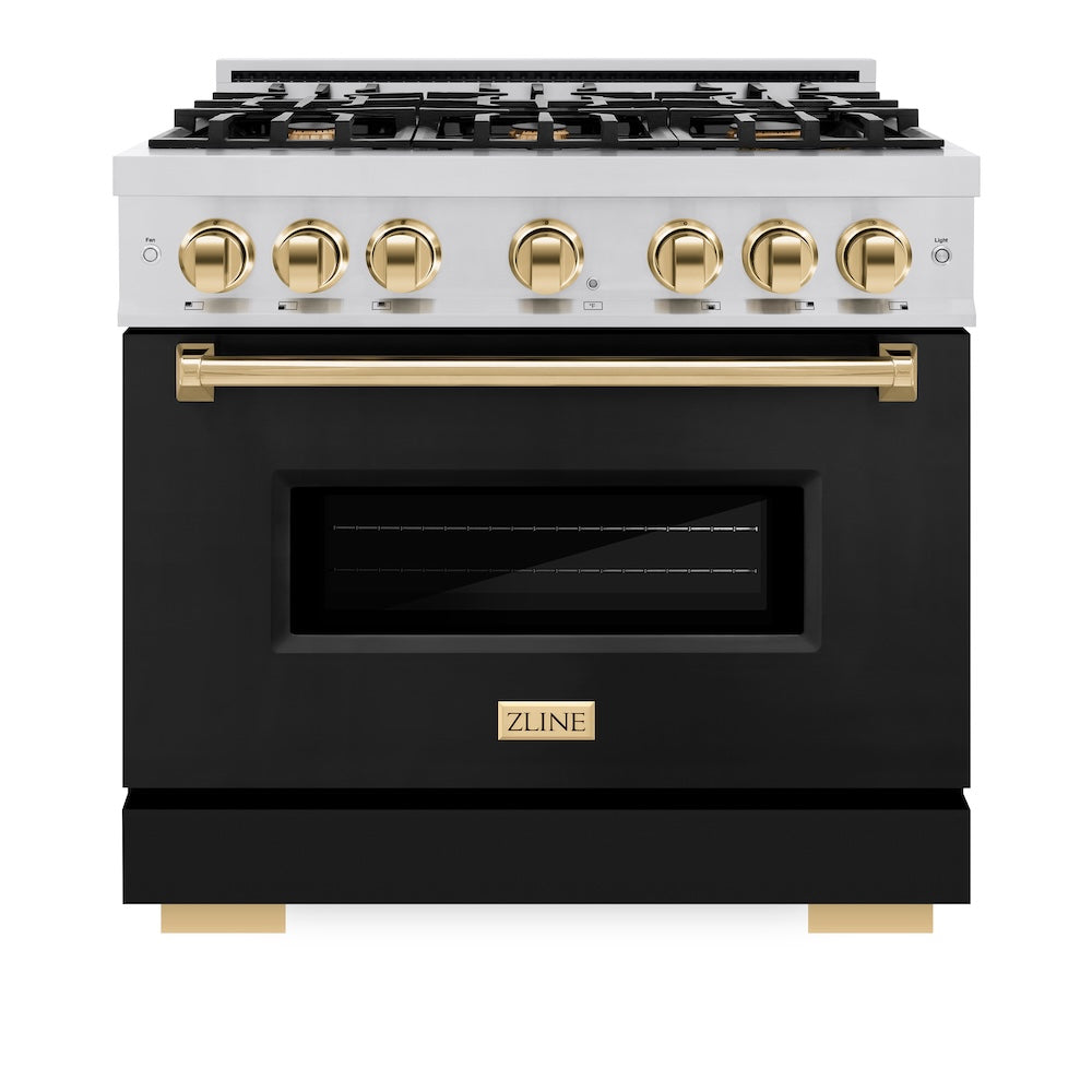 ZLINE Autograph Edition 36 in. 5.2 cu. ft. Classic Gas Range with 6 Burner Cooktop and Convection Gas Oven in Stainless Steel with Black Matte Door and Polished Gold Accents, Open Box-Great Condition