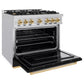 ZLINE Autograph Edition 36 in. 5.2 cu. ft. Classic Gas Range with 6 Burner Cooktop and Convection Gas Oven in Stainless Steel with Black Matte Door and Polished Gold Accents (CGRZ-BLM-36-G) side, open.