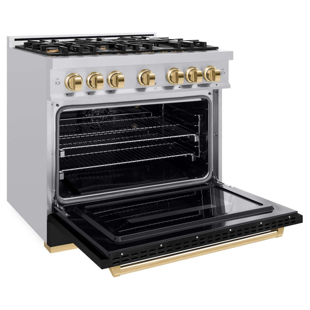 ZLINE Autograph Edition 36 in. 5.2 cu. ft. Classic Gas Range with 6 Burner Cooktop and Convection Gas Oven in Stainless Steel with Black Matte Door and Polished Gold Accents, Open Box-Good Condition