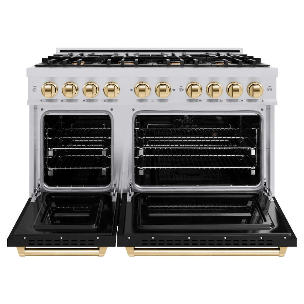 ZLINE Autograph Edition 48 in. 6.7 cu. ft. Classic Double Oven Gas Range with 8 Burner Cooktop in Stainless Steel with Black Matte Doors and Polished Gold Accents, Open Box-Good Condition