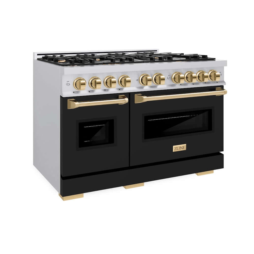 ZLINE Autograph Edition 48 in. 6.7 cu. ft. Classic Double Oven Gas Range with 8 Burner Cooktop in Stainless Steel with Black Matte Doors and Polished Gold Accents, Open Box-Good Condition