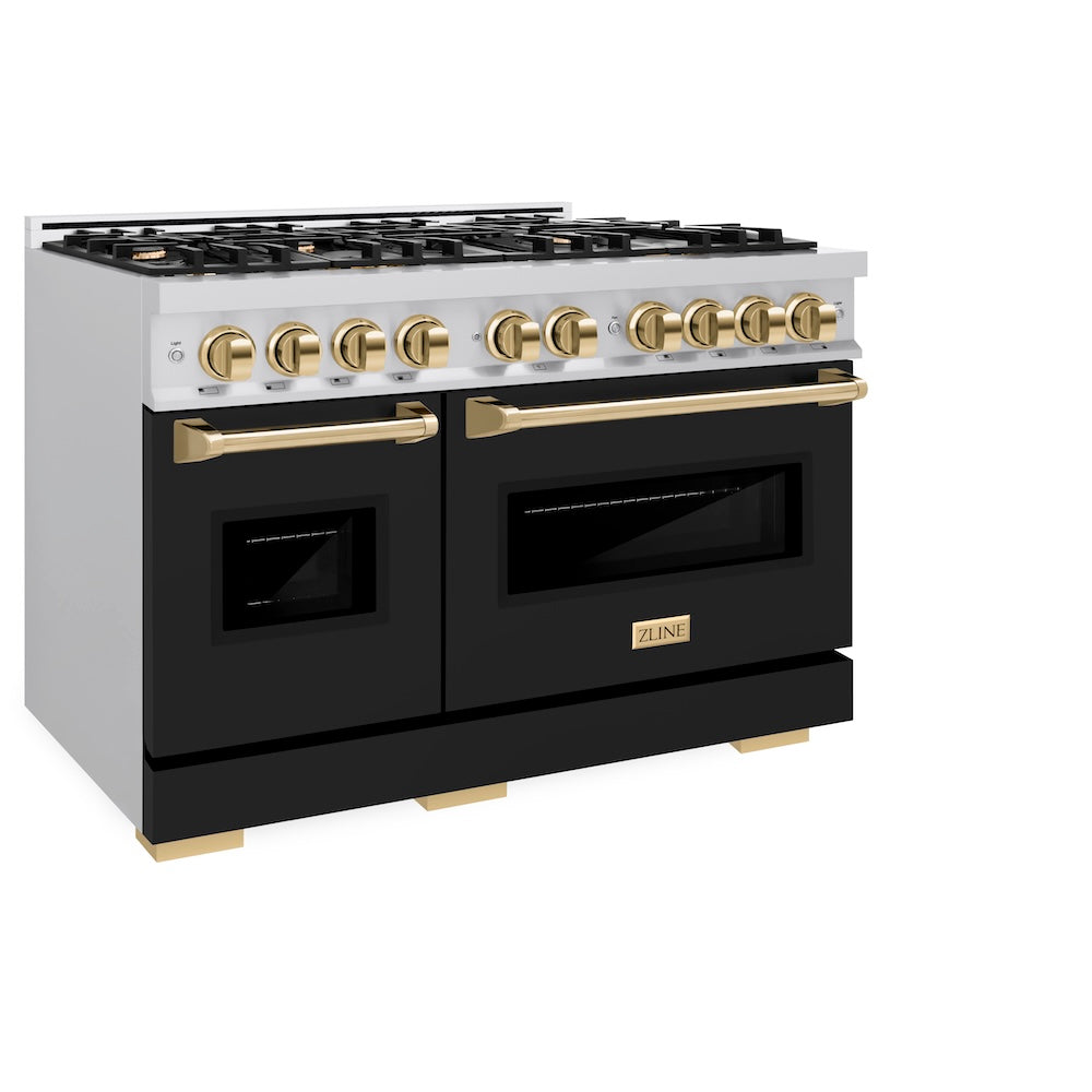 ZLINE Autograph Edition 48 in. 6.7 cu. ft. Classic Double Oven Gas Range with 8 Burner Cooktop in Stainless Steel with Black Matte Doors and Polished Gold Accents, Open Box-Great Condition