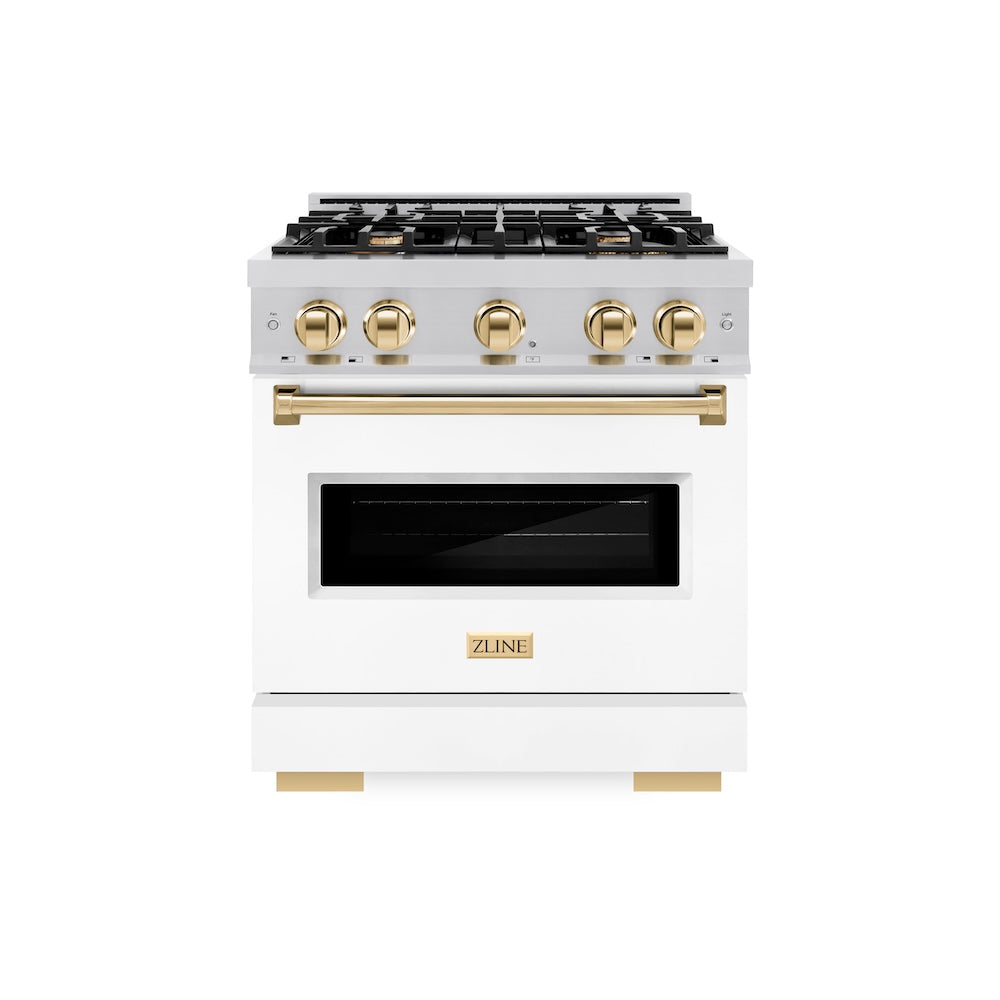 ZLINE Autograph Edition 30 in. 4.2 cu. ft. Classic Gas Range with 4 Burner Cooktop and Convection Gas Oven in Stainless Steel with White Matte Door and Polished Gold Accents, Open Box-Great Condition