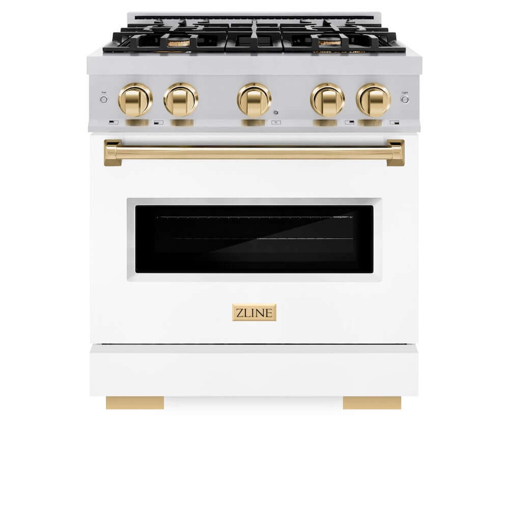 ZLINE Autograph Edition 30 in. 4.2 cu. ft. Classic Gas Range with 4 Burner Cooktop and Convection Gas Oven in Stainless Steel with White Matte Door and Polished Gold Accents, Open Box-Good Condition