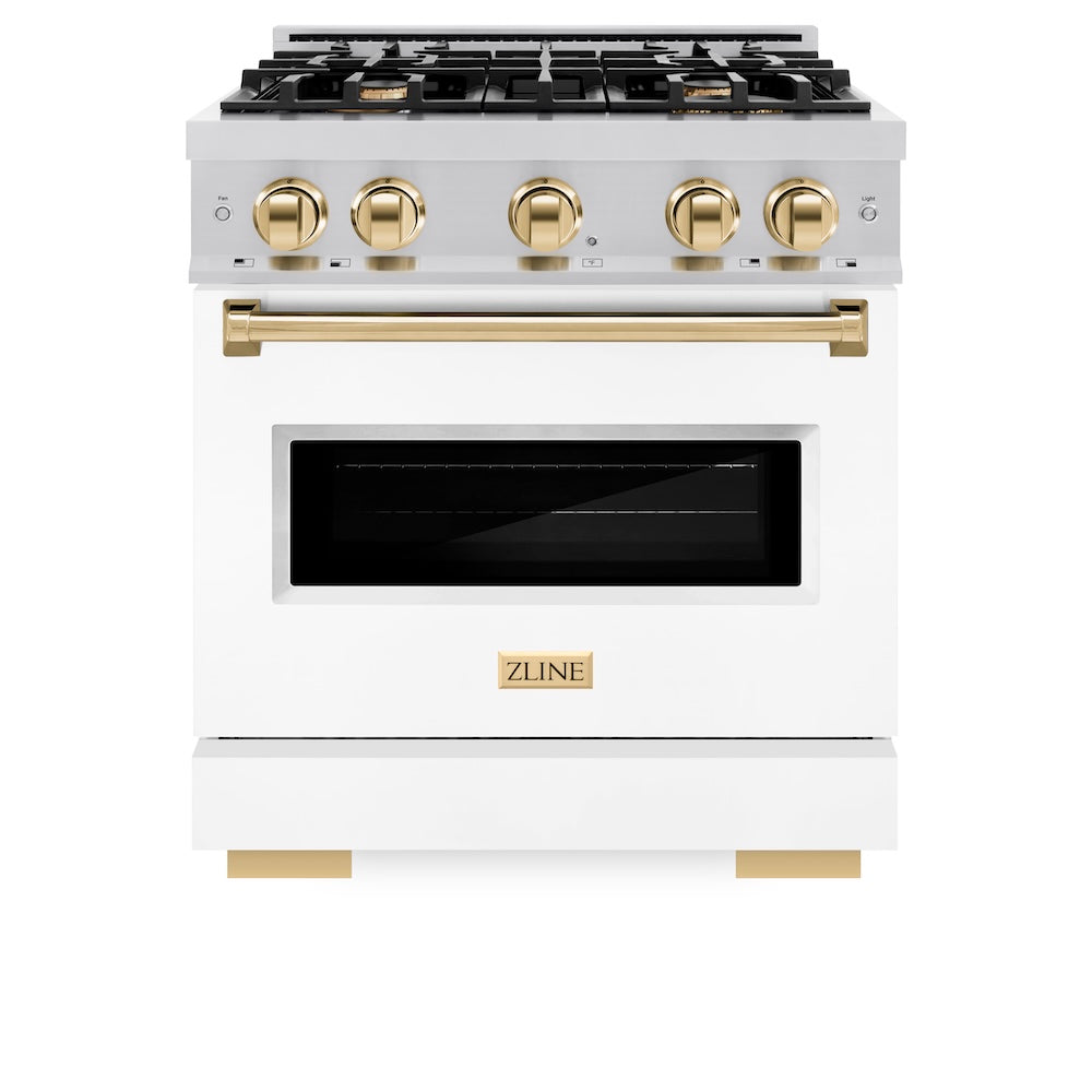 ZLINE Autograph Edition 30 in. 4.2 cu. ft. Classic Gas Range with 4 Burner Cooktop and Convection Gas Oven in Stainless Steel with White Matte Door and Polished Gold Accents, Open Box-Great Condition