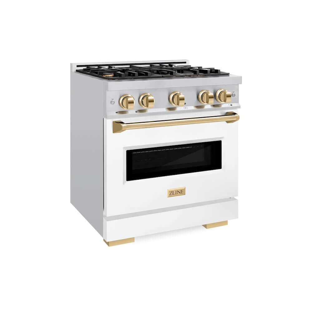 ZLINE Autograph Edition 30 in. 4.2 cu. ft. Classic Gas Range with 4 Burner Cooktop and Convection Gas Oven in Stainless Steel with White Matte Door and Polished Gold Accents, Open Box-Good Condition