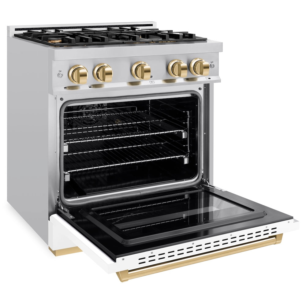 ZLINE Autograph Edition 30 in. 4.2 cu. ft. Classic Gas Range with 4 Burner Cooktop and Convection Gas Oven in Stainless Steel with White Matte Door and Polished Gold Accents, Open Box-Great Condition