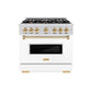 ZLINE Autograph Edition 36 in. 5.2 cu. ft. Classic Gas Range with 6 Burner Cooktop and Convection Gas Oven in Stainless Steel with White Matte Door and Polished Gold Accents, Open Box-Great Condition