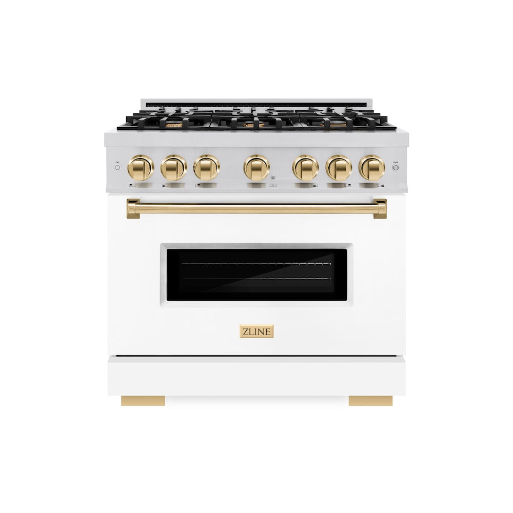 ZLINE Autograph Edition 36 in. 5.2 cu. ft. Classic Gas Range with 6 Burner Cooktop and Convection Gas Oven in Stainless Steel with White Matte Door and Polished Gold Accents, Open Box-Great Condition
