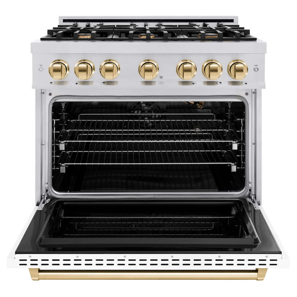 ZLINE Autograph Edition 36 in. 5.2 cu. ft. Classic Gas Range with 6 Burner Cooktop and Convection Gas Oven in Stainless Steel with White Matte Door and Polished Gold Accents, Open Box-Good Condition