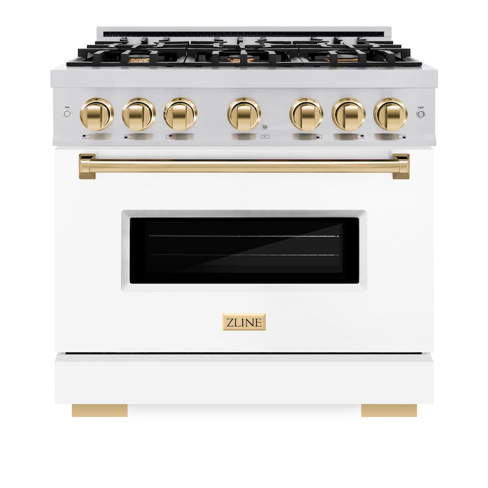 ZLINE Autograph Edition 36 in. 5.2 cu. ft. Classic Gas Range with 6 Burner Cooktop and Convection Gas Oven in Stainless Steel with White Matte Door and Polished Gold Accents, Open Box-Great Condition